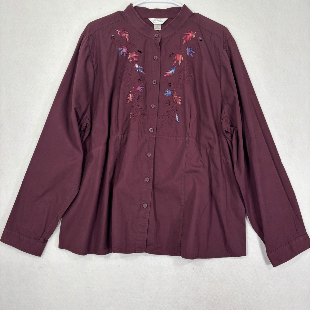 Christopher & Banks 2X Mandarin Collar Button Up Fall Leaf Cotton Blouse